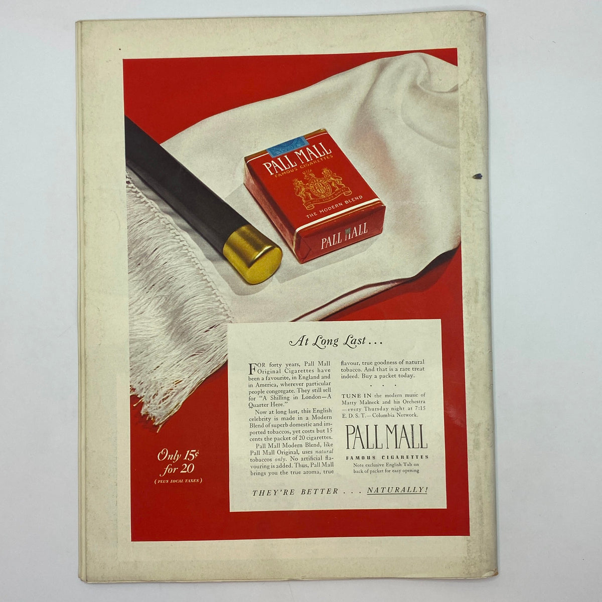 Back cover of The New Yorker Complete Magazine August 12, 1939 featuring an advertisement for Pall Mall cigarettes with a vibrant design.