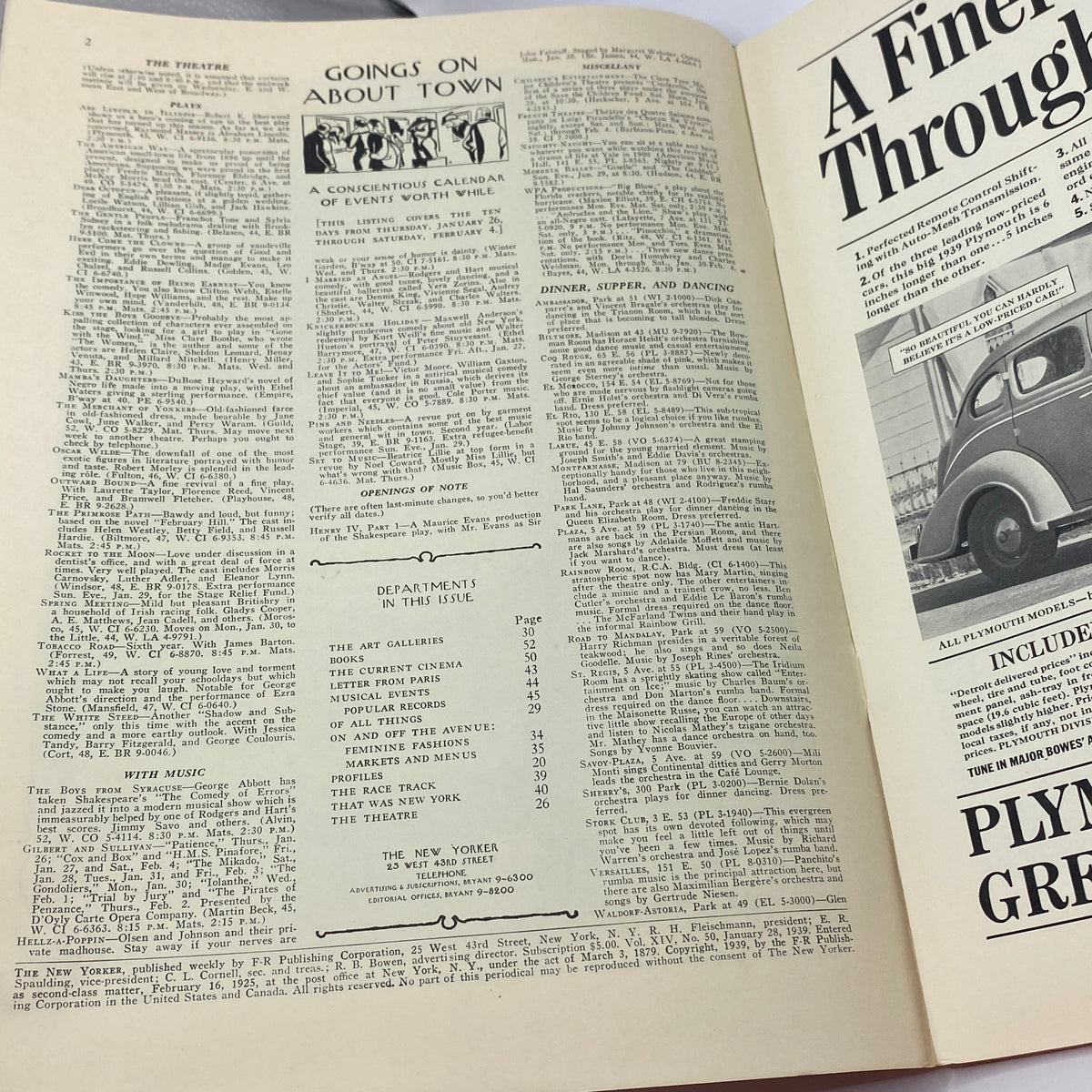 Inside view of The New Yorker Complete Magazine January 28, 1939 featuring articles and advertisements, showcasing the vintage publication's layout and content.