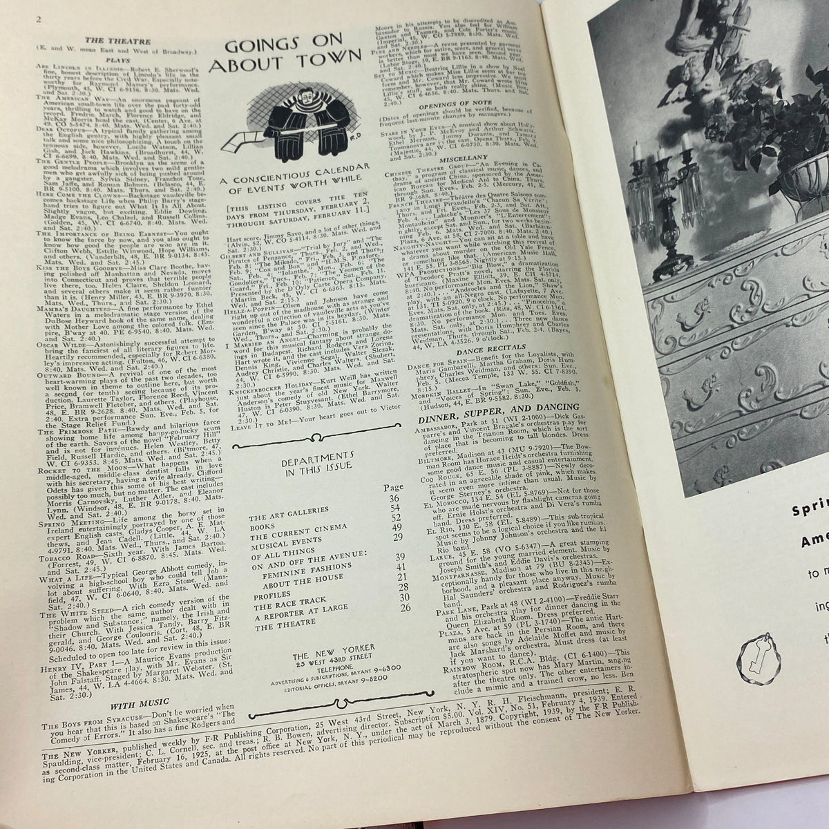 Page from The New Yorker Complete Magazine February 4, 1939, featuring listings for events and departments in that issue. Vintage magazine content showcasing cultural articles.