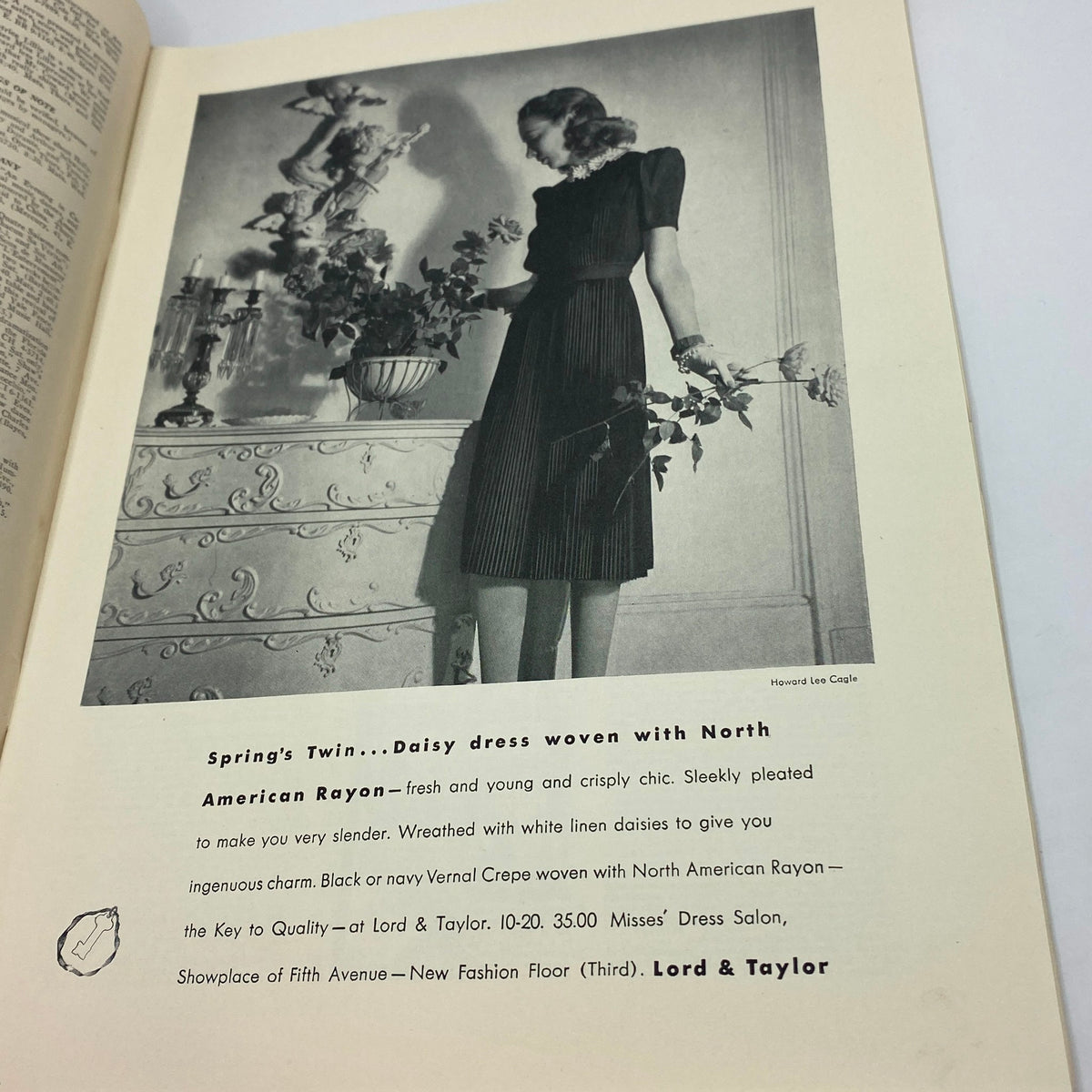Another page from The New Yorker Complete Magazine February 4, 1939, featuring an elegant black and white advertisement for a Daisy dress by Lord & Taylor. The image highlights fashion trends of the era.