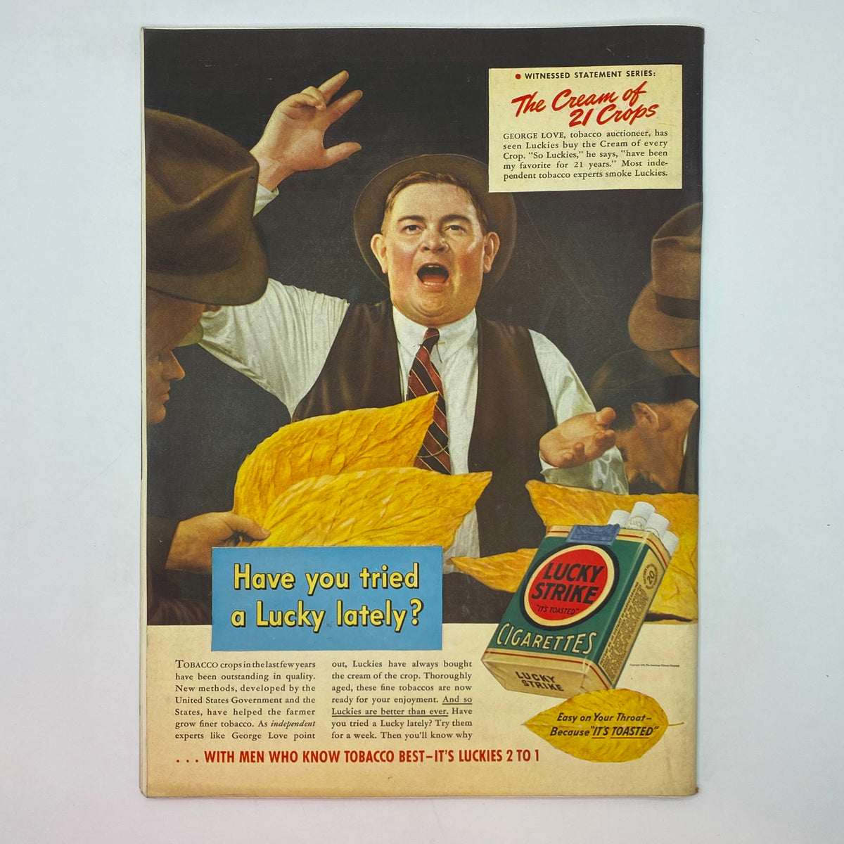 Vintage advertisement for Lucky Strike cigarettes in The New Yorker magazine, April 22, 1939, featuring a tobacco auctioneer promoting the brand and illustrating historical tobacco marketing.