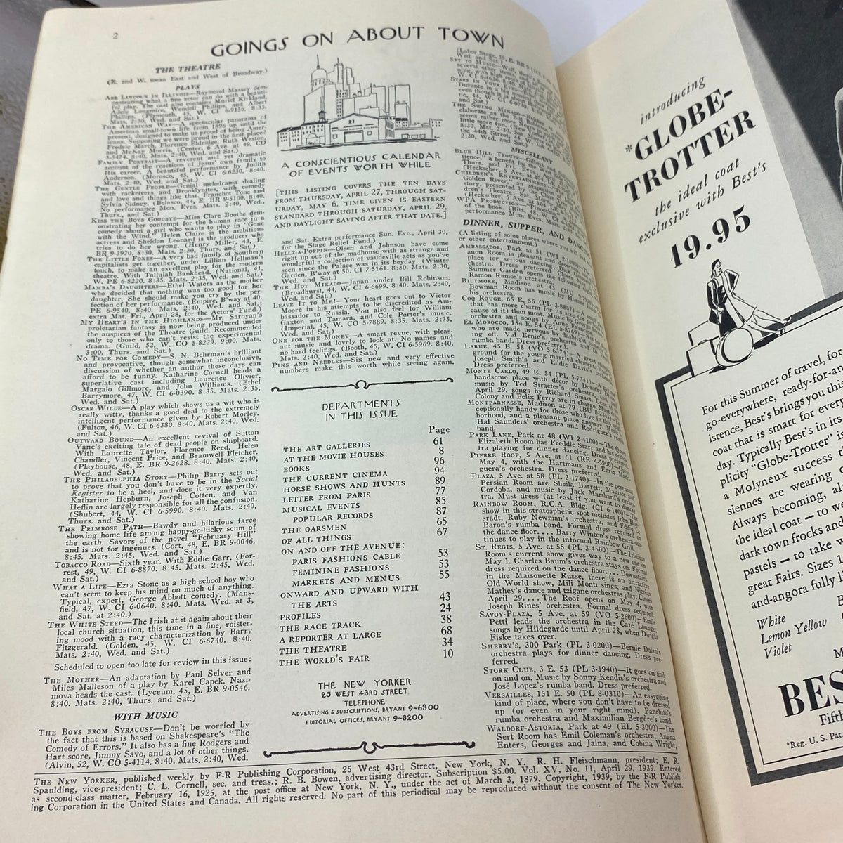 Inside spread of The New Yorker magazine dated April 29, 1939, showcasing 'Goings On About Town' section with events calendar and departments, featuring a classic vintage design.