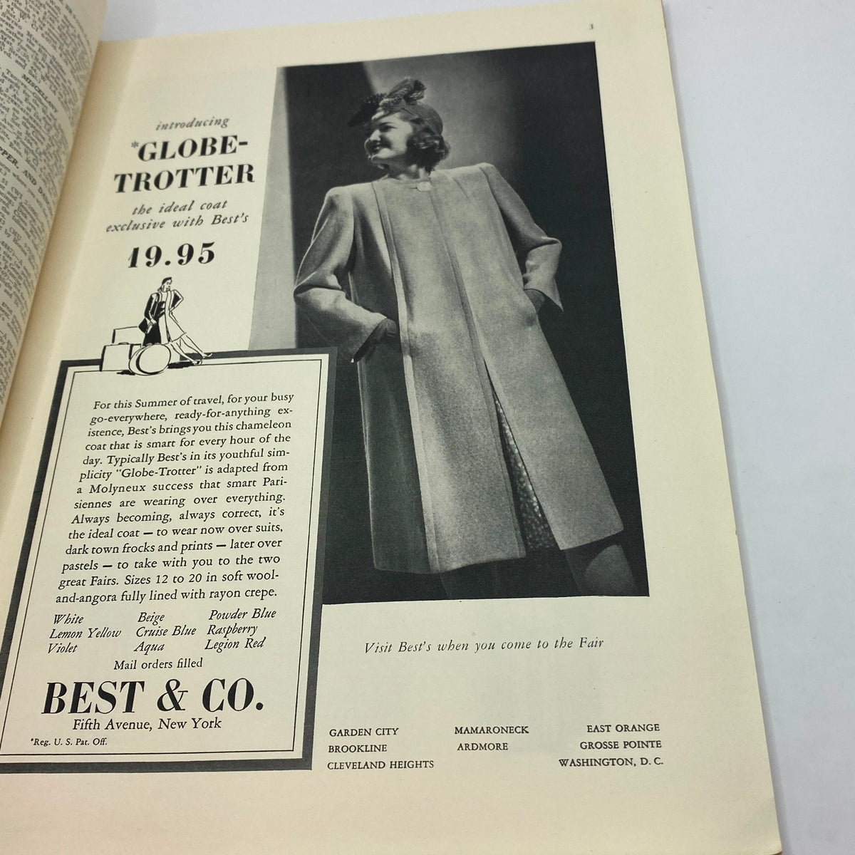 Fashion advertisement page from The New Yorker magazine, April 29, 1939, introducing the 'Globe-Trotter' coat by Best & Co., highlighting its stylish design and pricing.