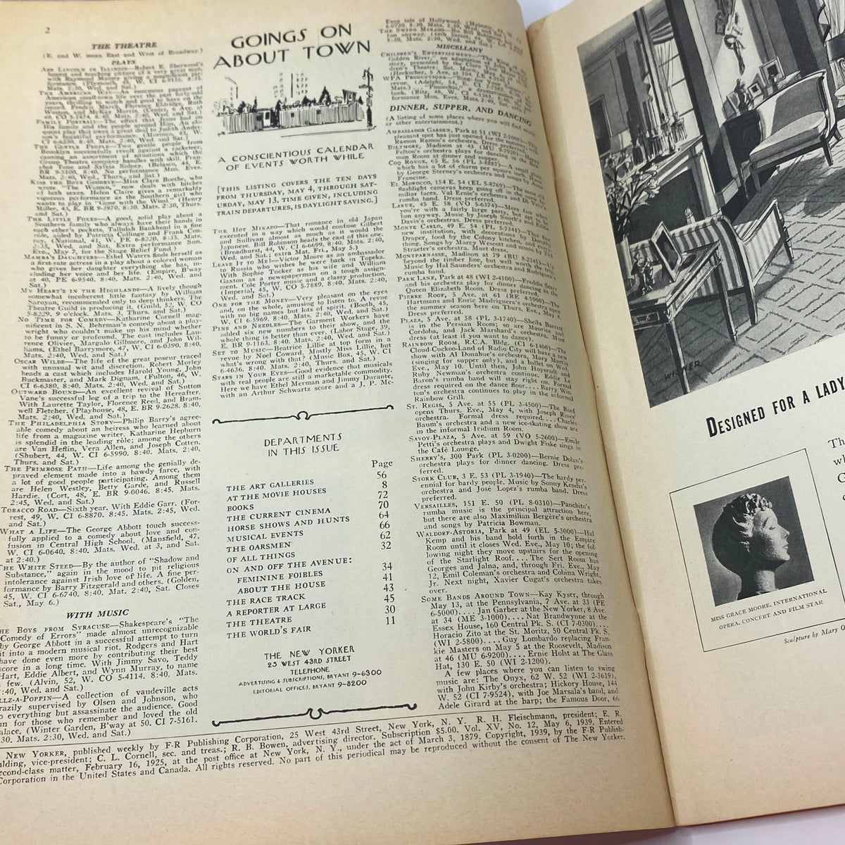 Interior page from The New Yorker Complete Magazine May 6, 1939 featuring events calendar and department listings in vintage elegant typography.