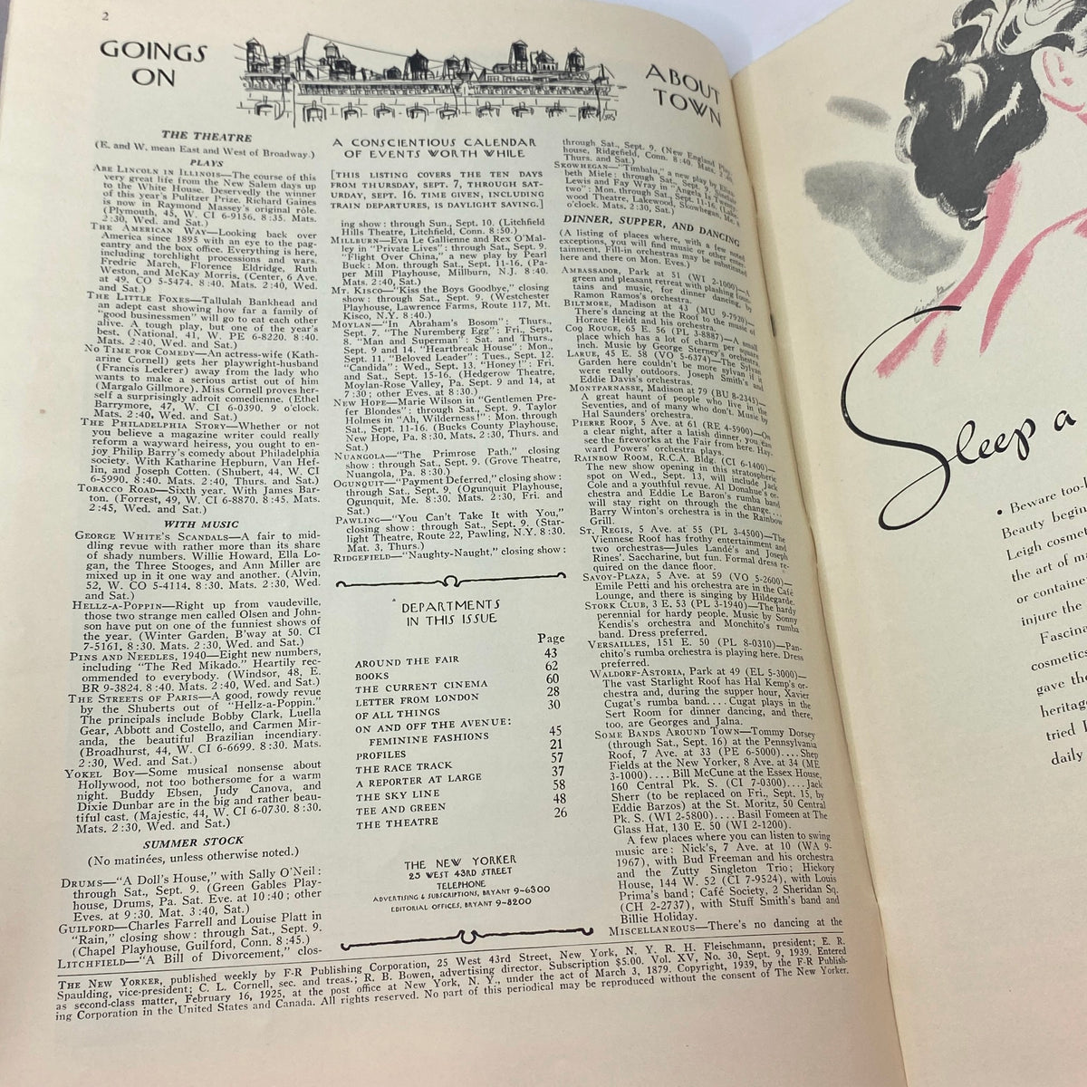 Interior page of The New Yorker magazine from September 9, 1939, showcasing articles, event listings, and a stylish illustration, part of the collectible issue featuring Constantin Alajalov's cover art.