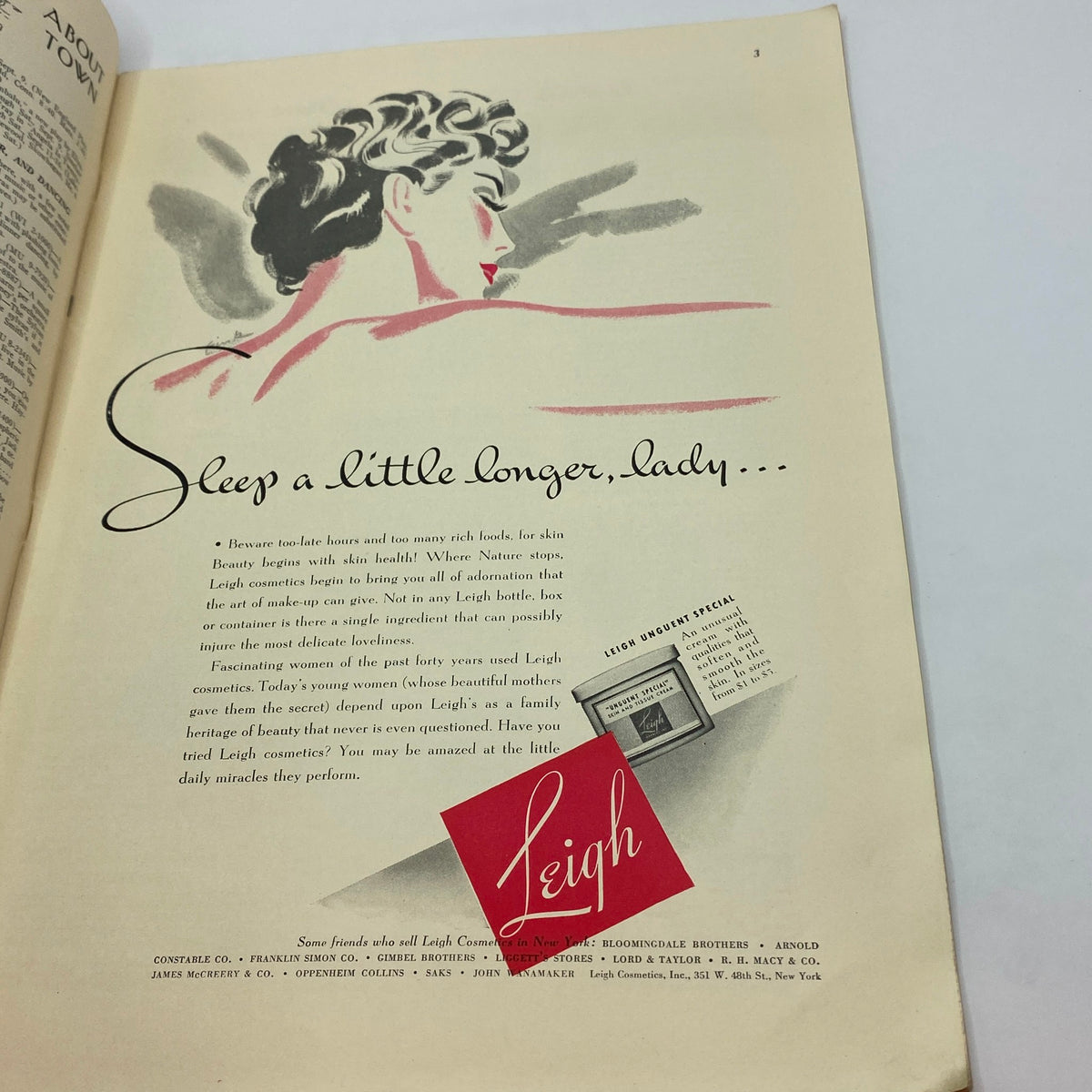 Vintage advertisement page featuring the phrase 'Sleep a little longer, lady...' related to Leigh cosmetics, from The New Yorker Complete Magazine September 9, 1939 Constantin Alajalov Cover.