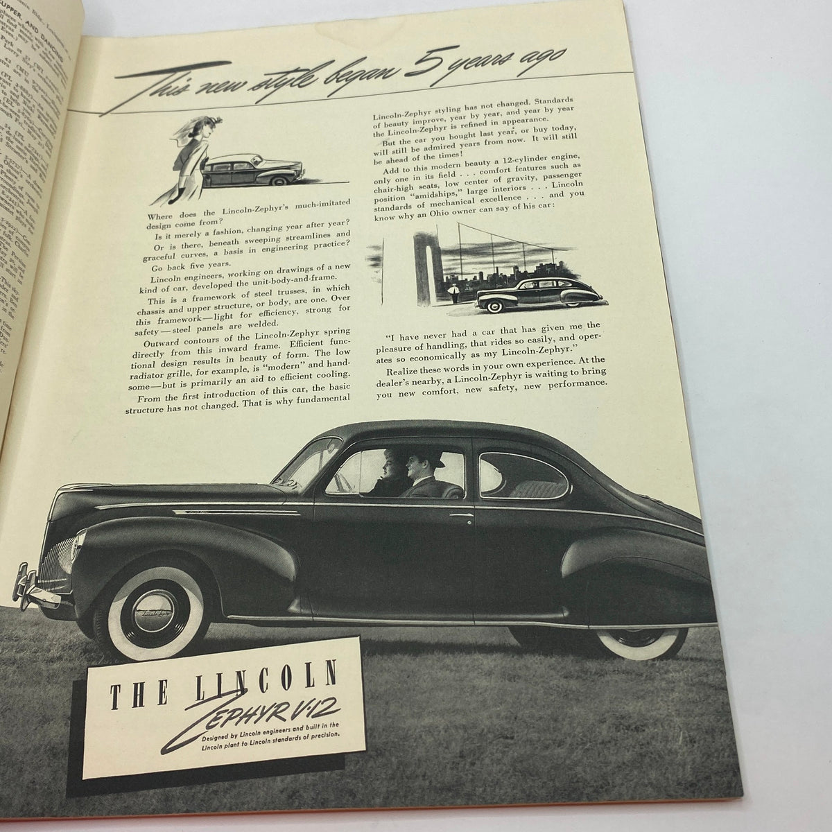 Interior page of The New Yorker magazine dated June 1, 1940 featuring an advertisement for the Lincoln Zephyr, highlighting its design and performance.