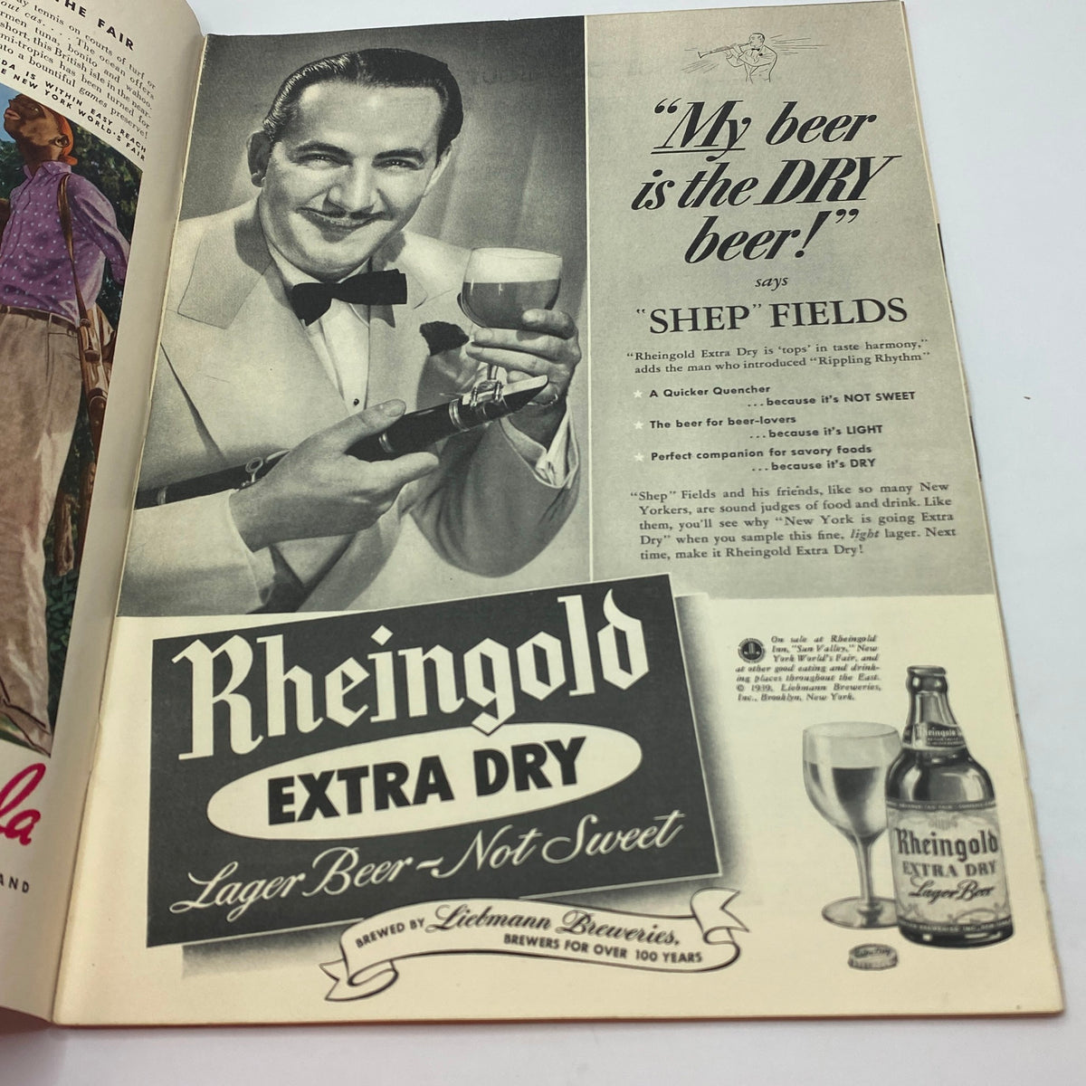 Vintage advertisement for Rheingold Extra Dry beer featured in The New Yorker Complete Magazine dated September 2, 1939, showcasing Shep Fields promoting the lager as the 'beer for beer-lovers' with a classic mid-century design.