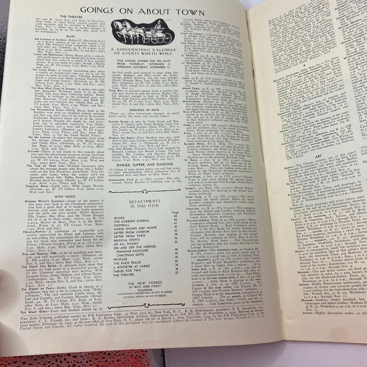Interior page of The New Yorker magazine featuring cultural events listed in the November 4, 1939 issue with an Art Deco style.