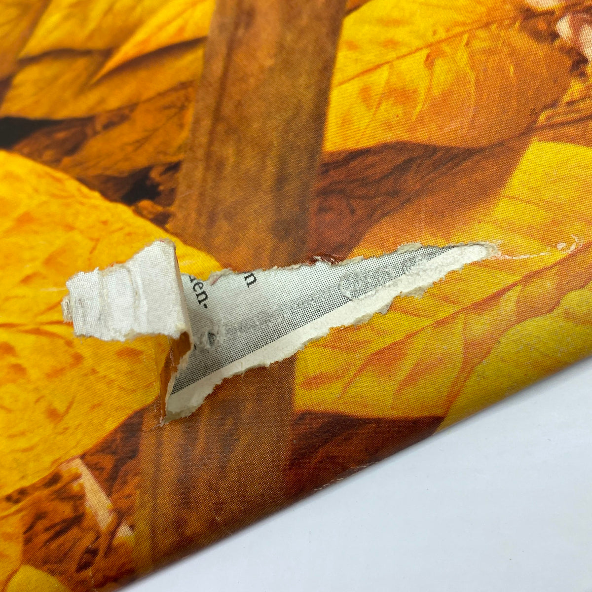 Close-up of a damaged page from an advertisement in The New Yorker magazine, November 4, 1939, featuring tobacco leaves.