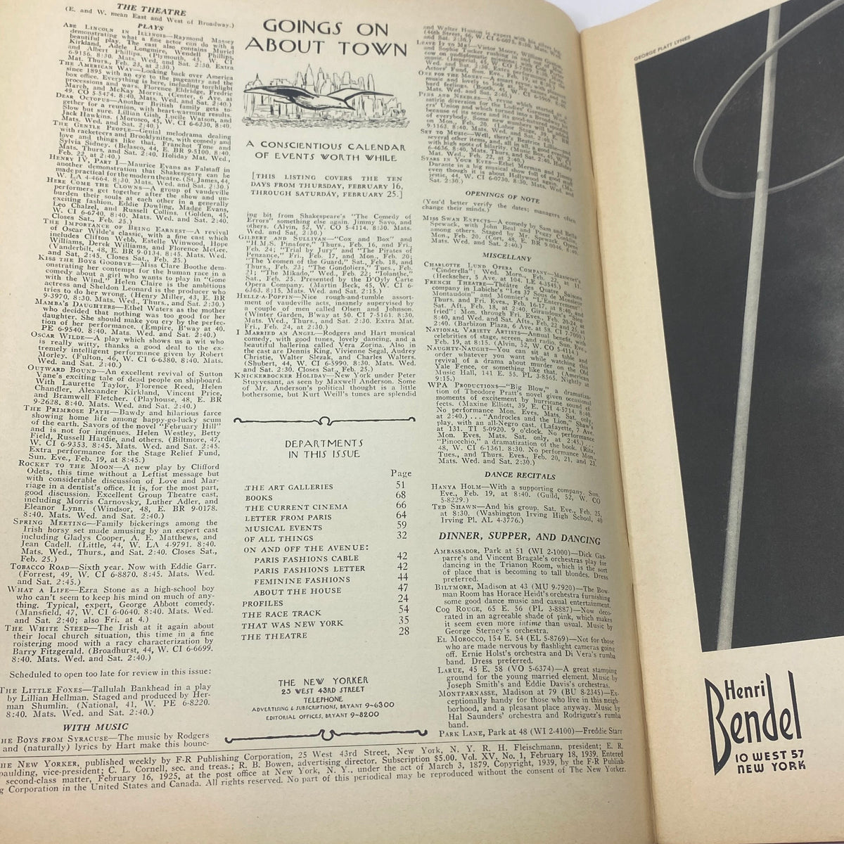 Interior pages of The New Yorker Complete Magazine February 18, 1939 featuring 'Goings On About Town' calendar of events and department listings.
