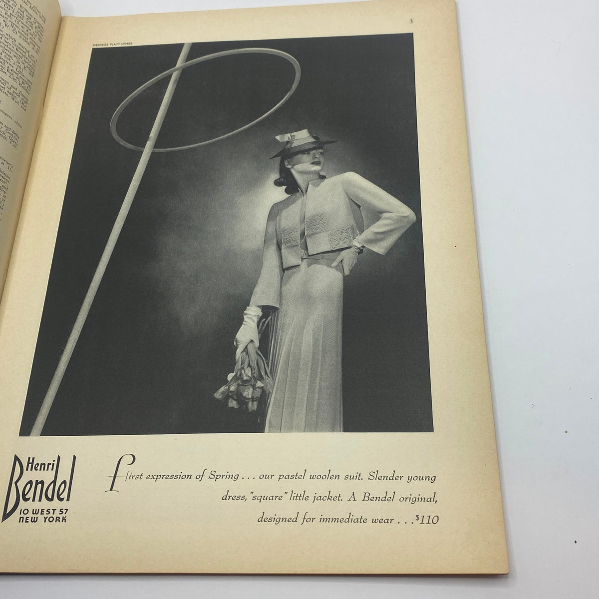 A promotional page from The New Yorker Complete Magazine February 18, 1939 showcasing a fashion advertisement for Henri Bendel Spring collection with a model dressed elegantly.