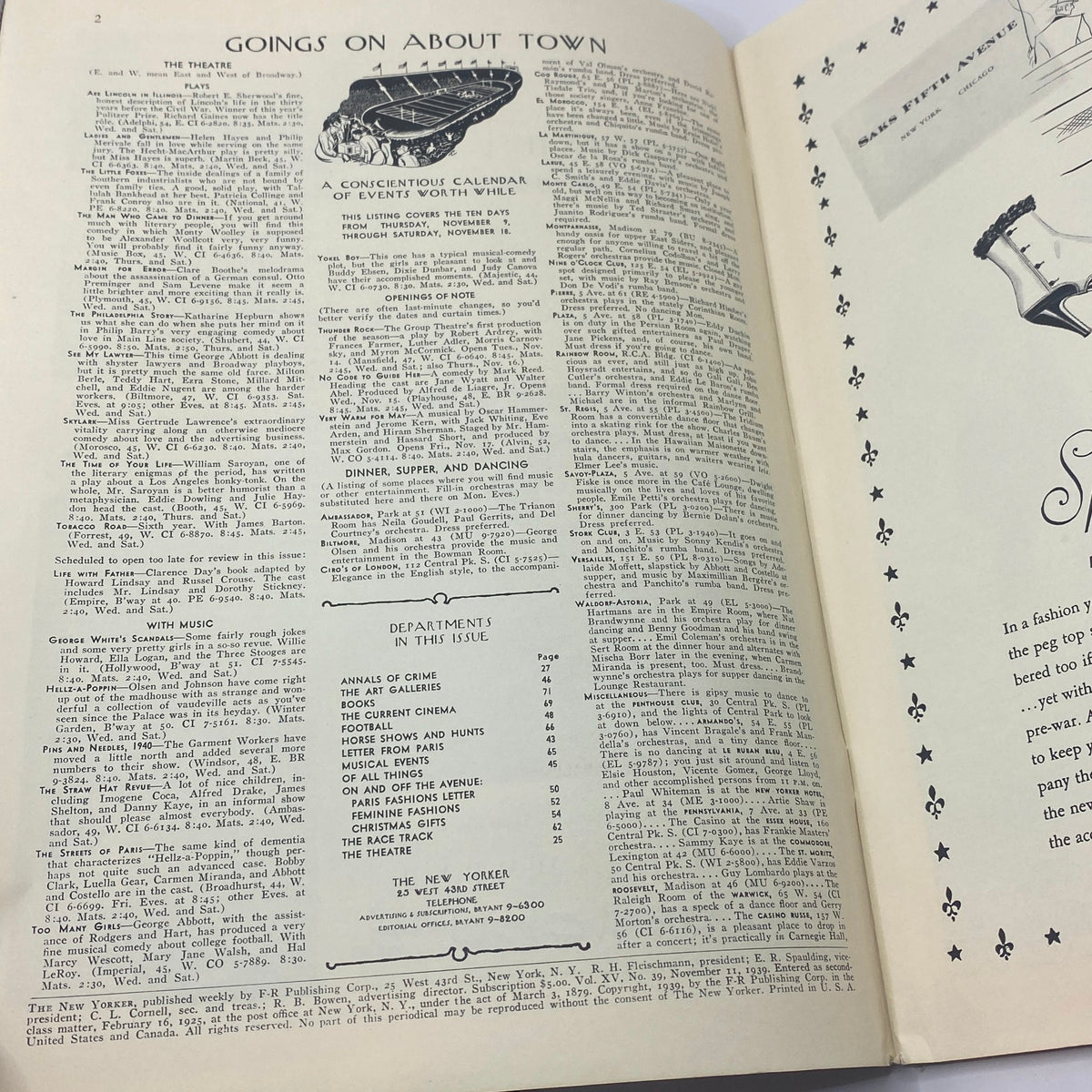 Inside page of The New Yorker Complete Magazine November 11, 1939 showcasing the 'Goings On About Town' column with event listings and department information, reflecting the cultural context of the era.
