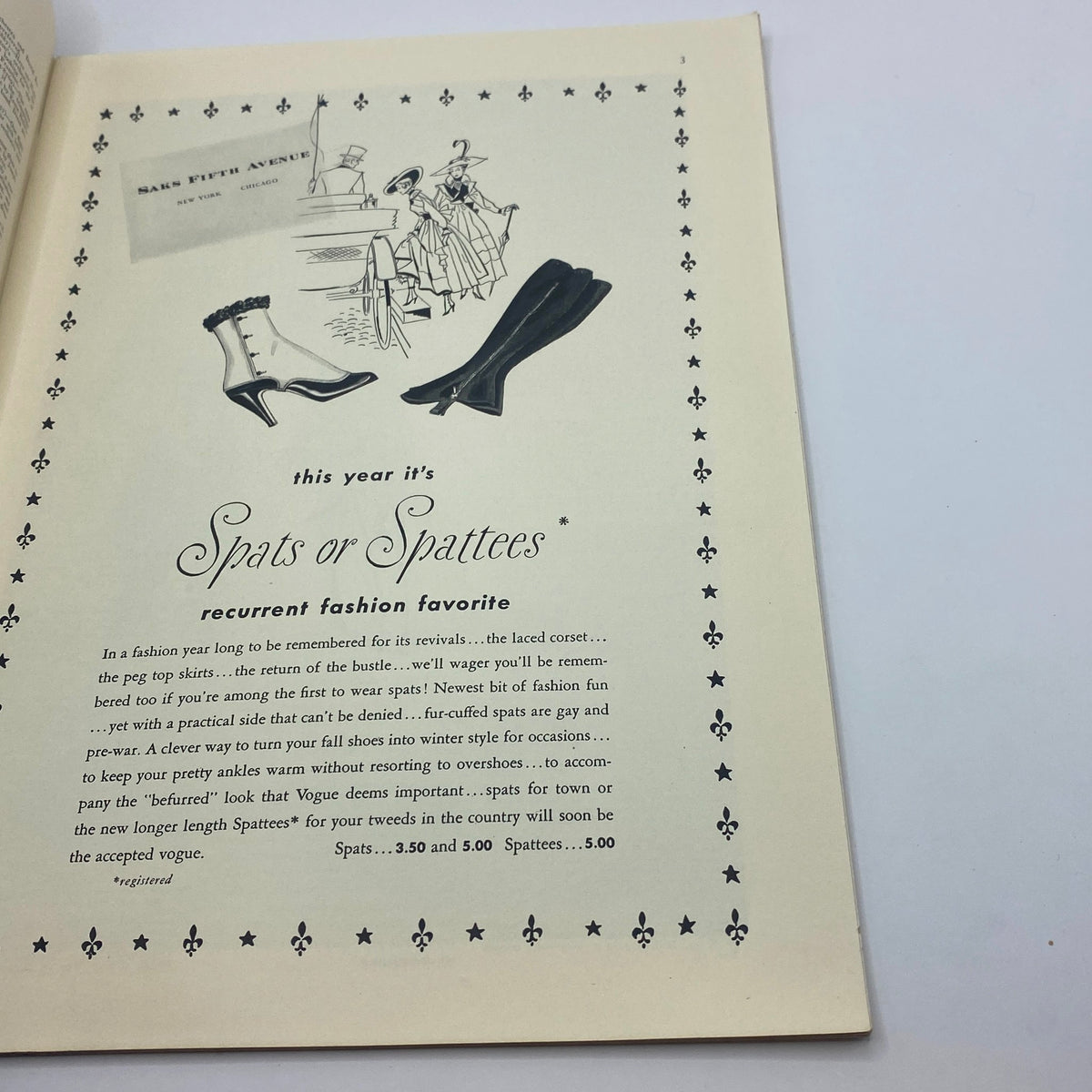 Inside page of The New Yorker magazine from November 11, 1939, featuring an advertisement for 'Spats or Spattees', showcasing fashionable footwear and vintage design.