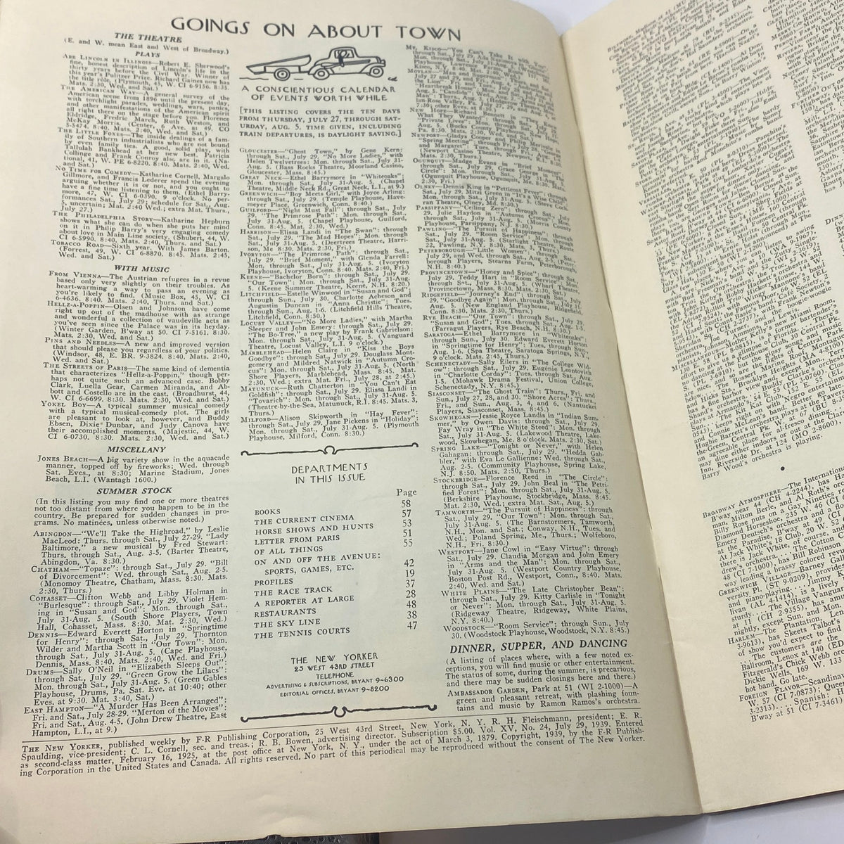 Interior page of The New Yorker magazine from July 29, 1939, featuring the 'Goings On About Town' section with a calendar of events and cultural activities for the week.