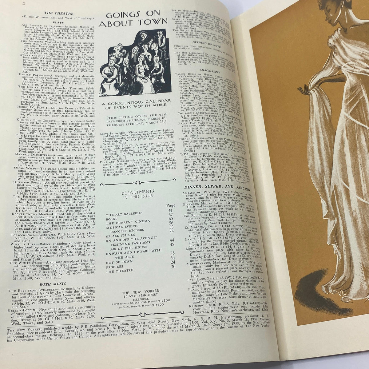 Interior page of The New Yorker magazine, March 18, 1939, featuring a calendar of events and listings, showcasing the magazine's layout and period typography.