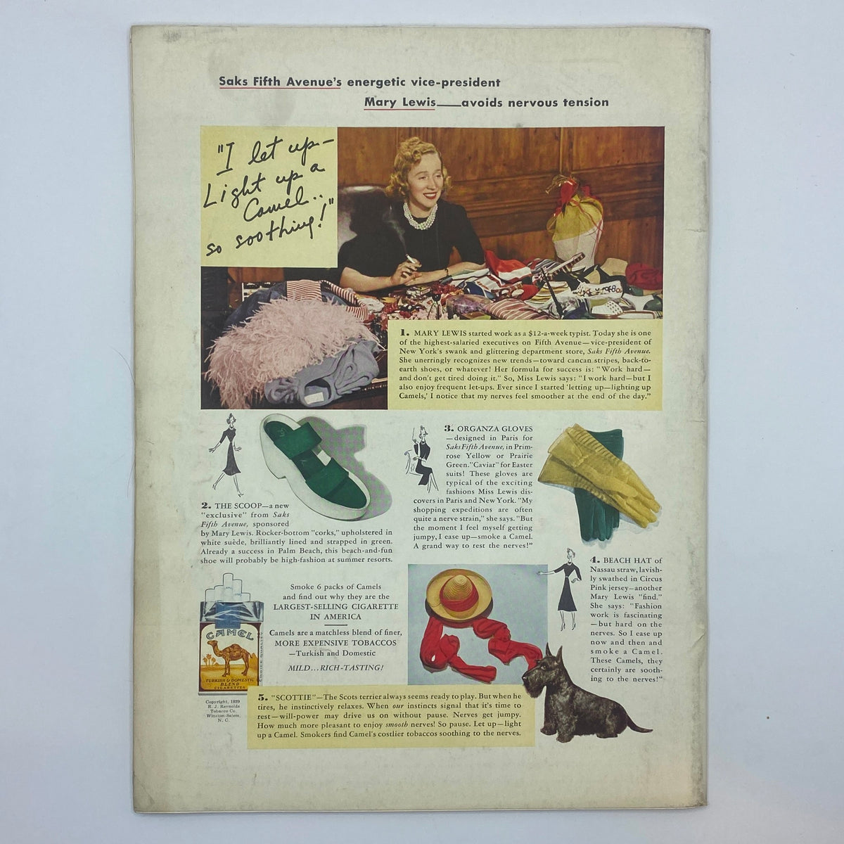 Back cover of The New Yorker magazine, March 18, 1939, featuring an advertisement for Saks Fifth Avenue with Mary Lewis, highlighting fashion items and accessories.