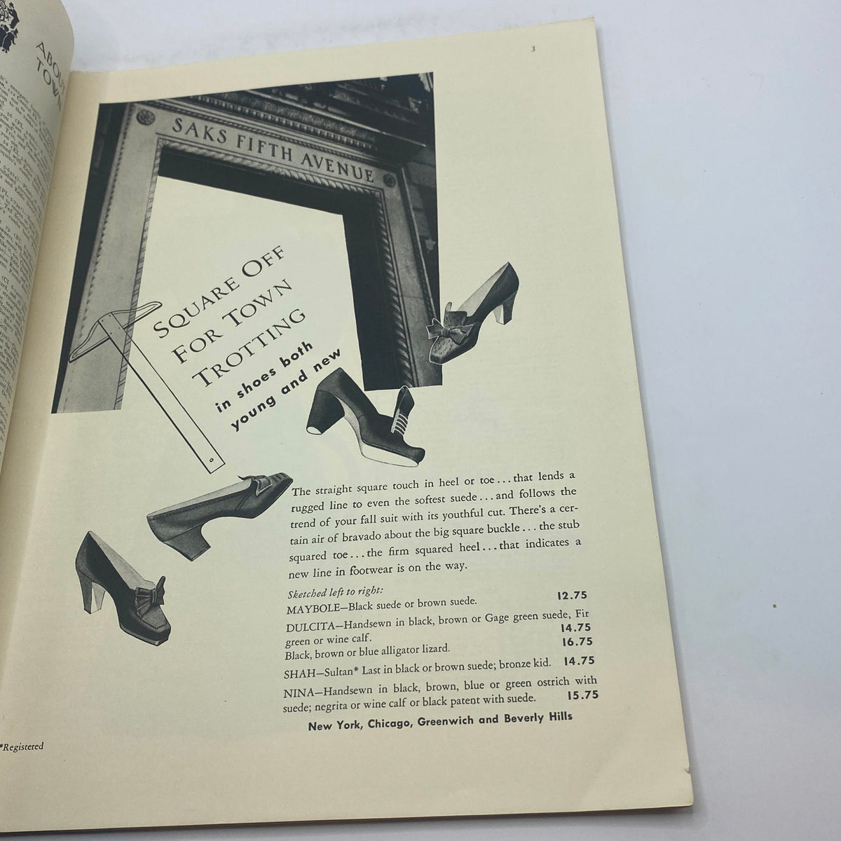 Fashion advertisement from The New Yorker magazine October 14, 1939 showcasing stylish women's footwear options, including descriptions and prices, reflecting the trends of the era.
