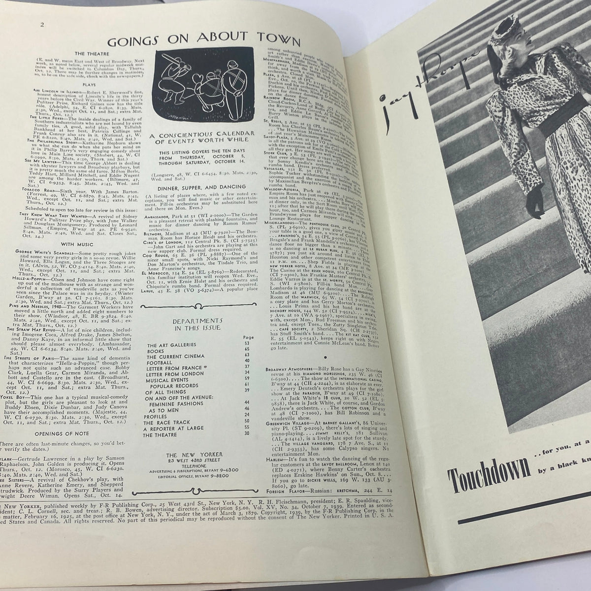 Interior page of The New Yorker magazine from October 7, 1939, featuring 'Goings On About Town' section along with theater listings and cultural events.