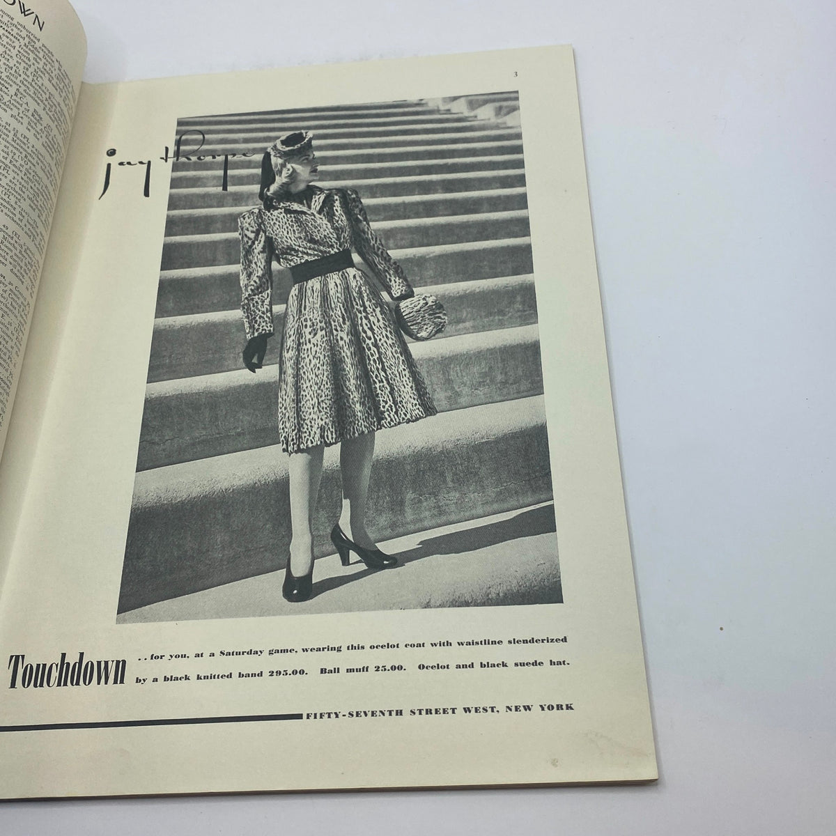 Fashion advertisement featuring a woman in an animal print coat on the steps, from The New Yorker magazine dated October 7, 1939, showcasing contemporary styles.
