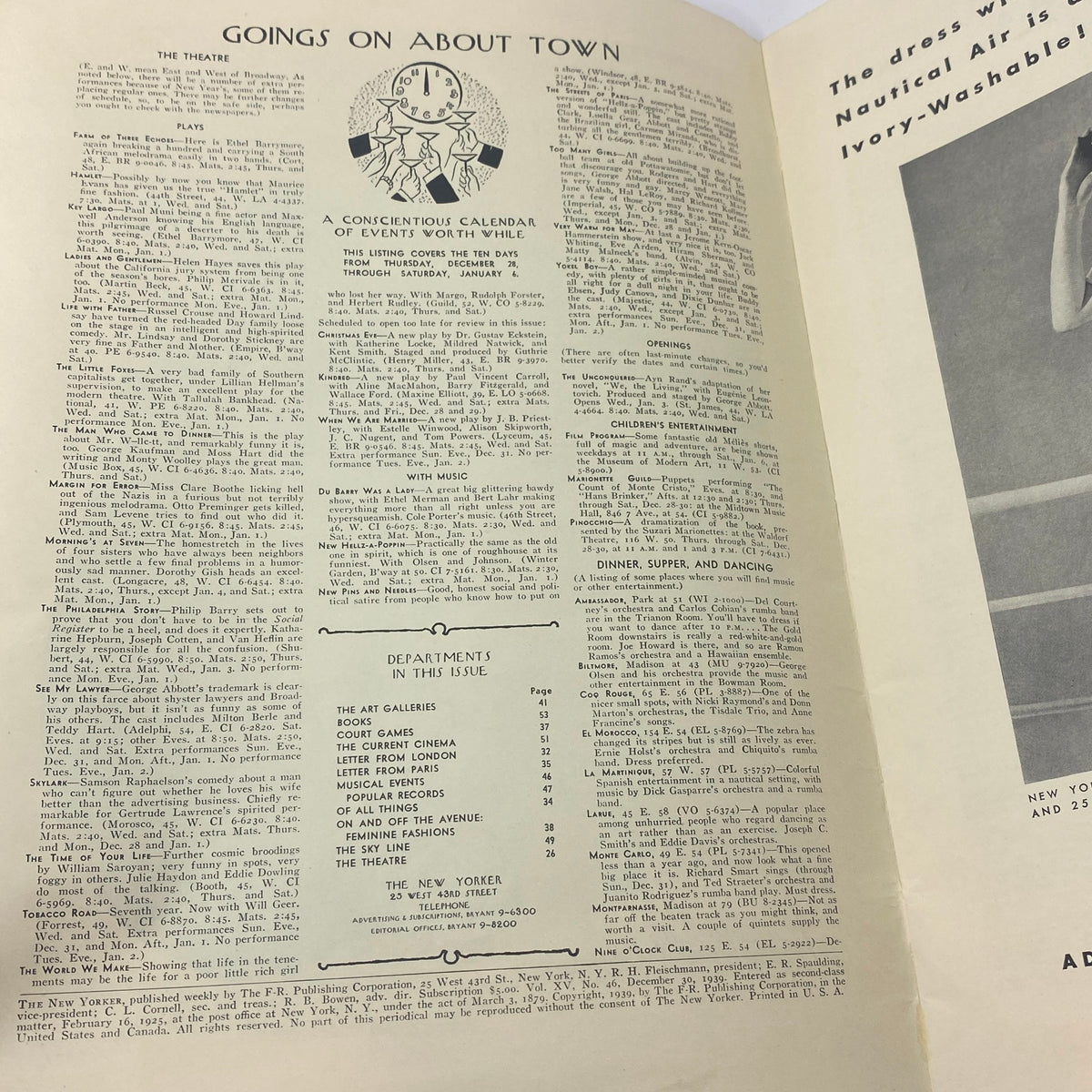 Interior page from The New Yorker magazine featuring the Goings On About Town section, calendar of events from 1939. This page showcases listings for plays, openings, children's entertainment, and dining options, complementing the December 30, 1939 issue with Charles 'Chas' Addams cover.