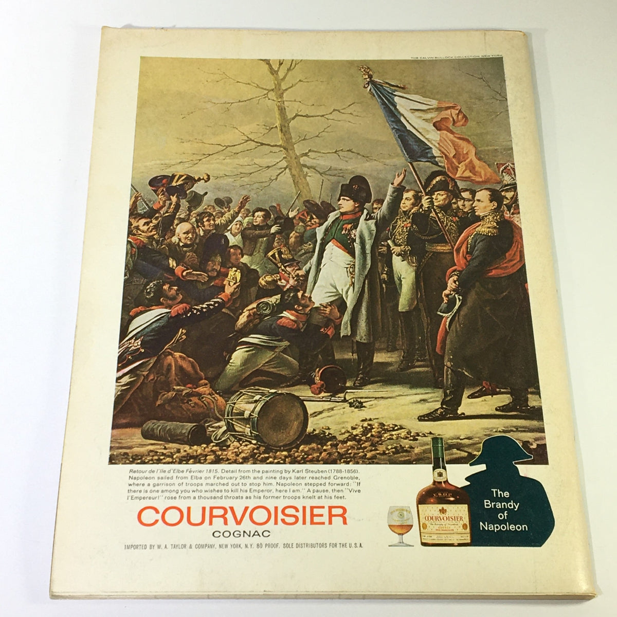 Vintage advertisement featuring a historical scene depicting Napoleon and his troops, titled 'Gourmet Magazine December 1966 - Weihnachten in Wien'. This colorful illustration promotes Courvoisier Cognac as 'The Brandy of Napoleon', encapsulating the elegance of the era.