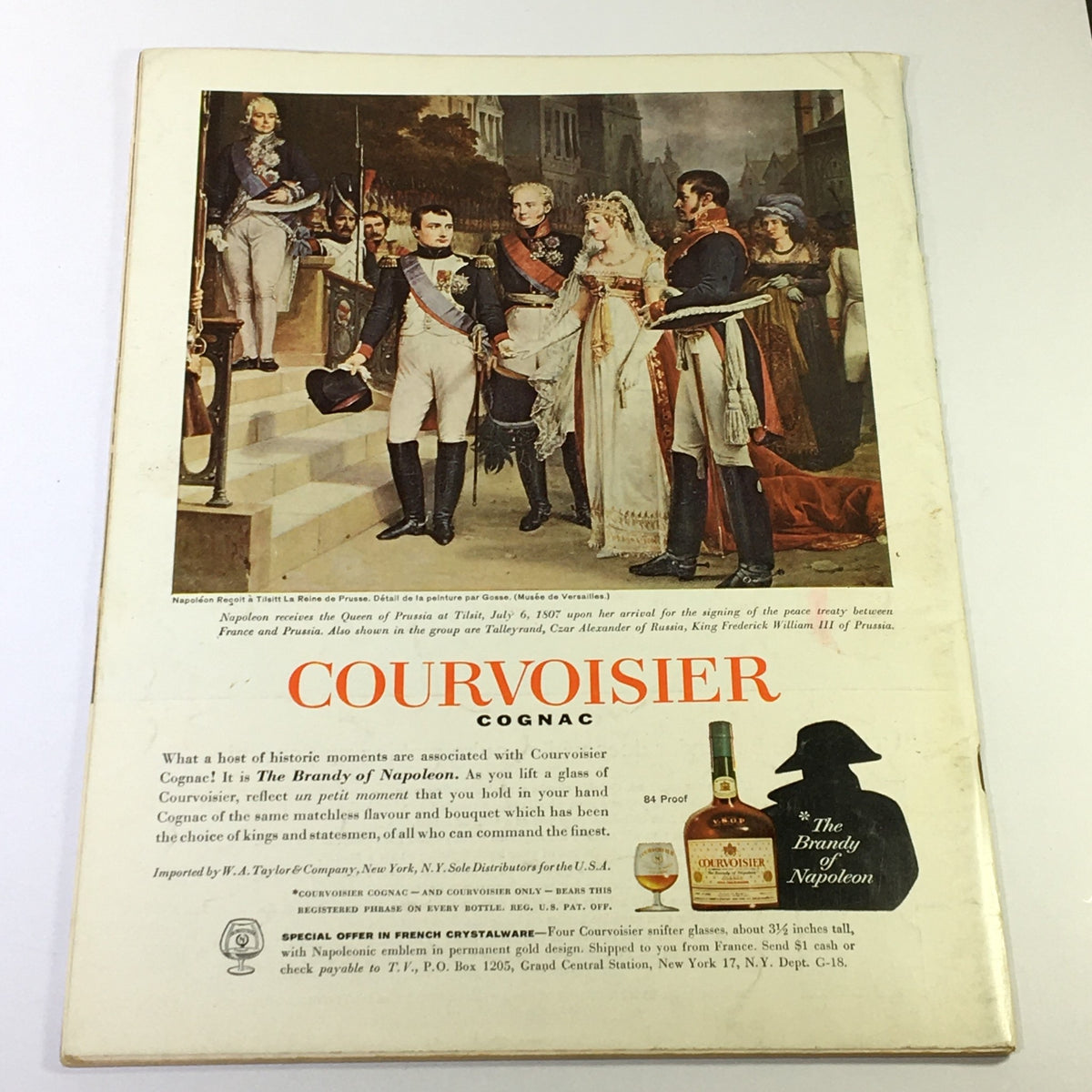 Back cover of VTG Gourmet The Magazine of Good Living May 1962 displaying a historical art piece related to Courvoisier Cognac.