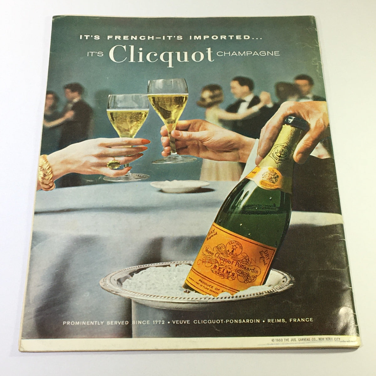 VTG Gourmet The Magazine of Good Living February 1963 - The Beauty of Yorkshire cover showcasing a celebration with Clicquot Champagne in hand, emphasizing a luxurious dining experience.