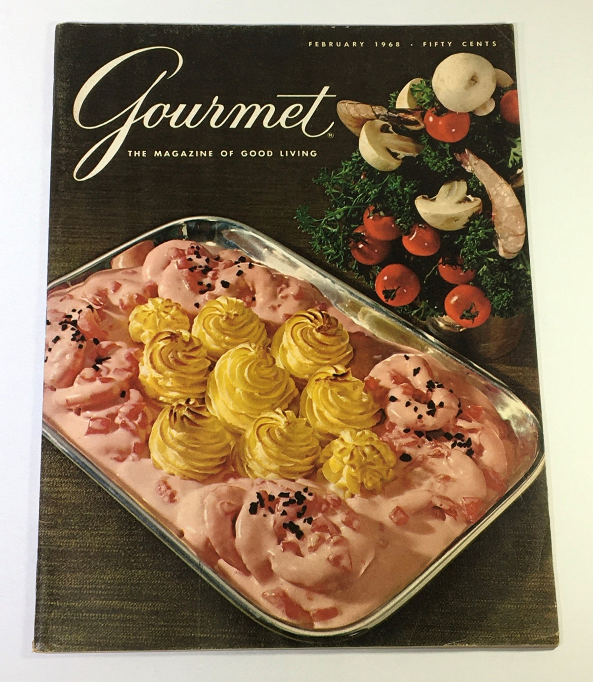 Cover of VTG Gourmet The Magazine of Good Living February 1968 featuring a delicious dish with shrimp and decorative yellow rosettes.