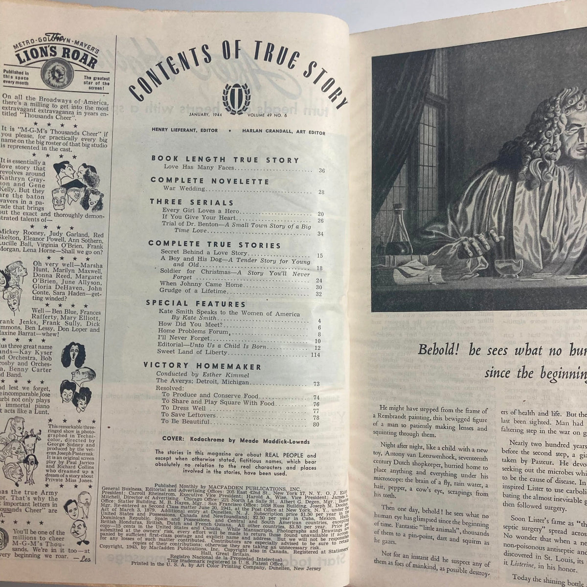 Contents page of the VTG True Story Magazine January 1944, Vol 49 No. 6 listing featured stories including 'Soldier for Christmas' and other articles.