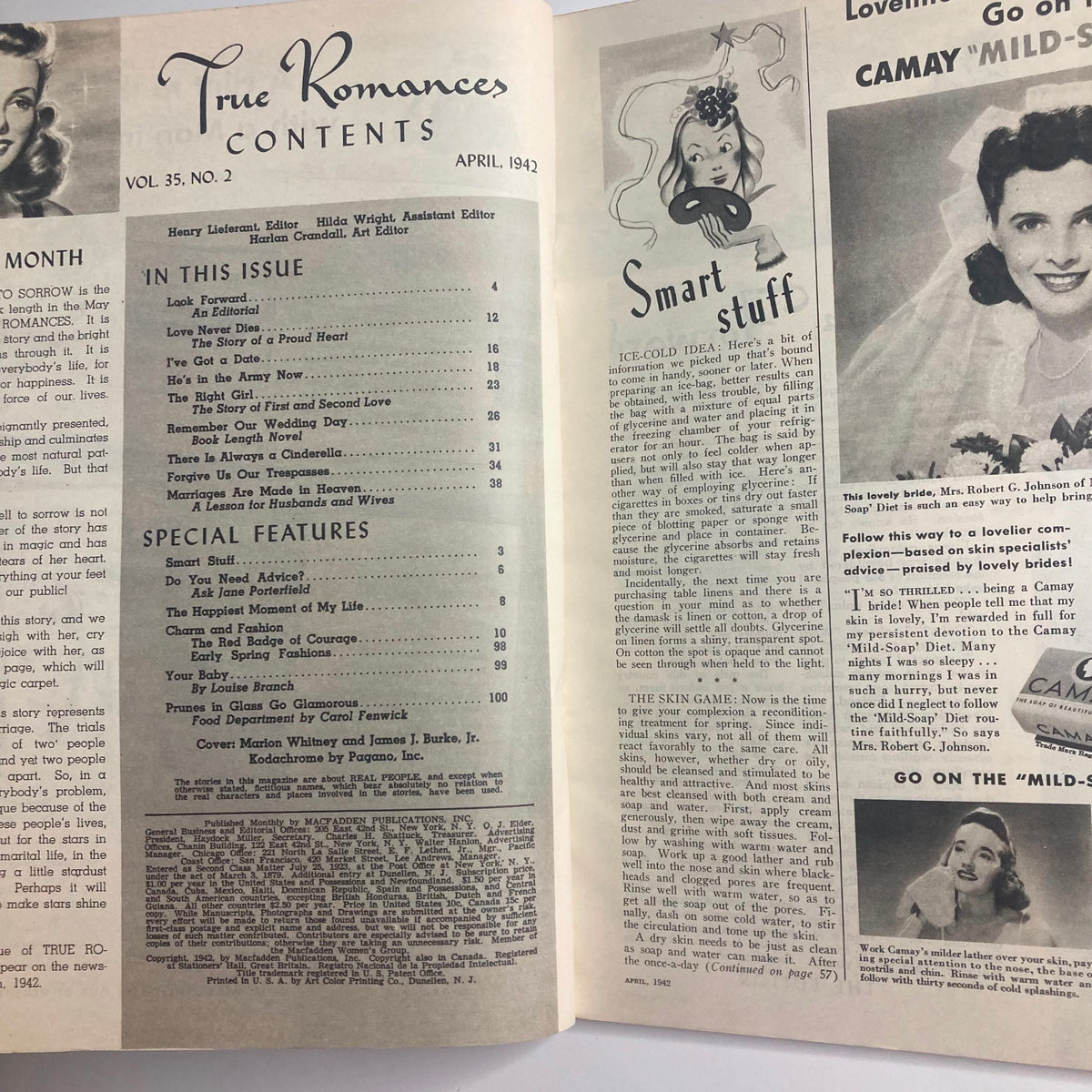 Interior page of VTG True Romances Magazine April 1942 displaying contents and feature articles, highlighting historical romantic narratives and vintage advertising.