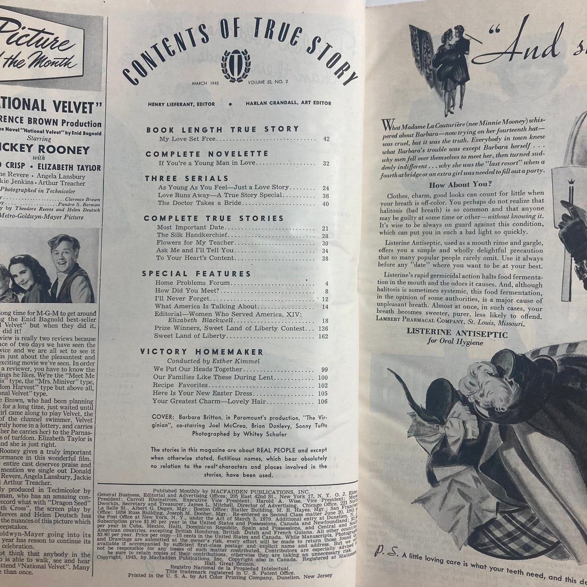 Contents page of VTG True Story Magazine March 1945, Volume 52, Number 2, detailing stories and features including a book-length true story titled 'My Love Set Free'.