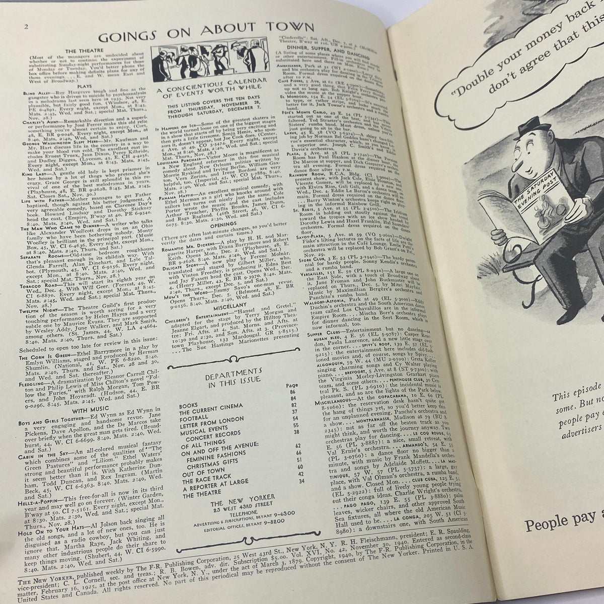 Interior page of The New Yorker magazine from November 30, 1940 featuring events calendar and vintage advertisements.