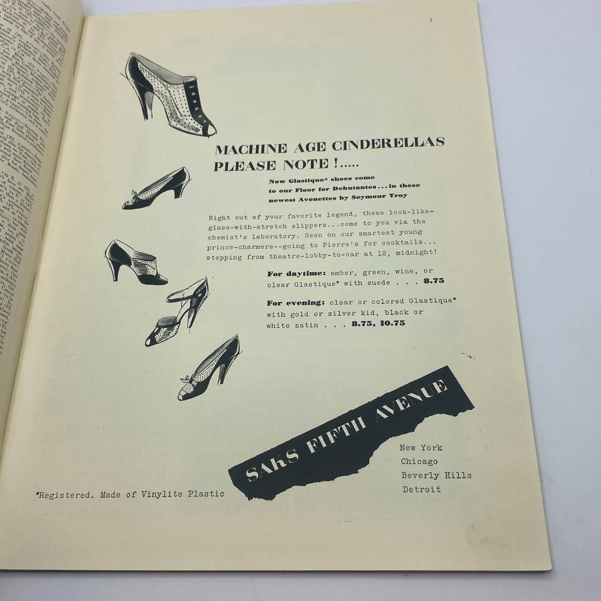 Advertisement page in The New Yorker magazine from October 5, 1940 showcasing 'Glastique' shoes with stylish illustrations, promoting trendy footwear options for debuts and evening wear.