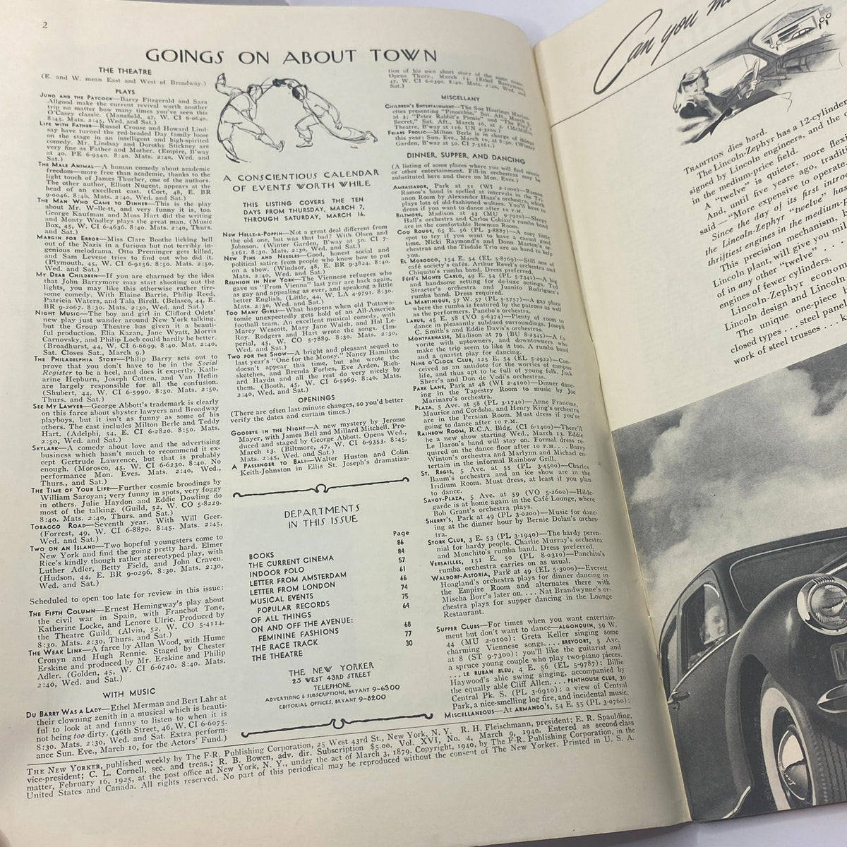 Interior pages of The New Yorker Complete Magazine March 9, 1940, featuring an article titled 'Goings on About Town' with listings of events and plays.