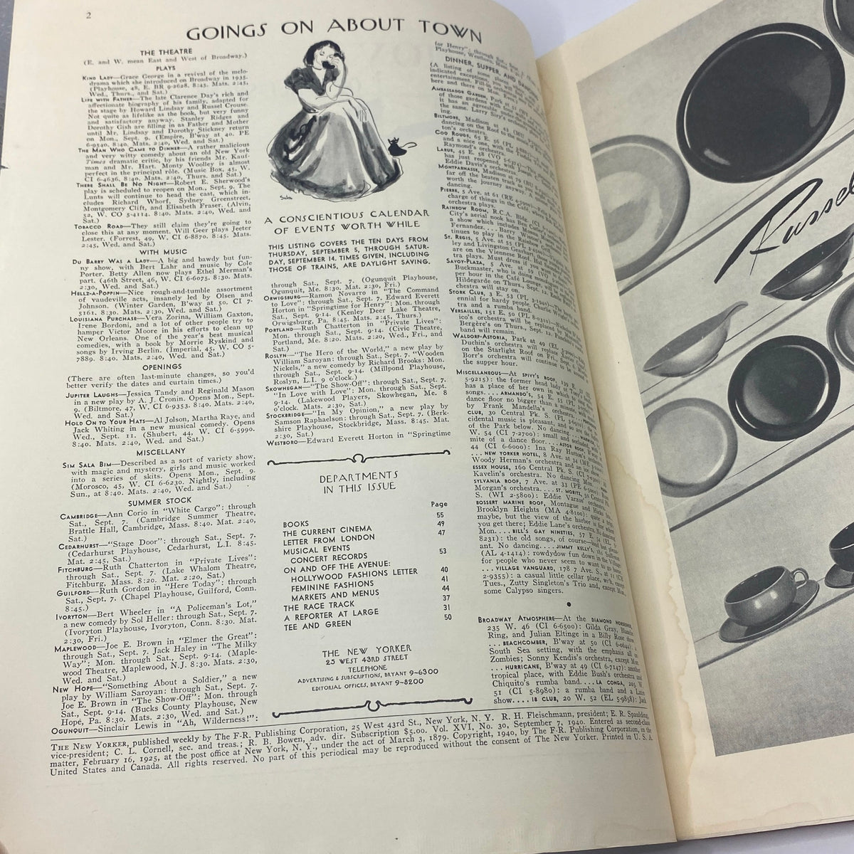 Interior page of The New Yorker Complete Magazine September 7, 1940 featuring the 'Goings On About Town' section, highlighting theatrical events and listings.
