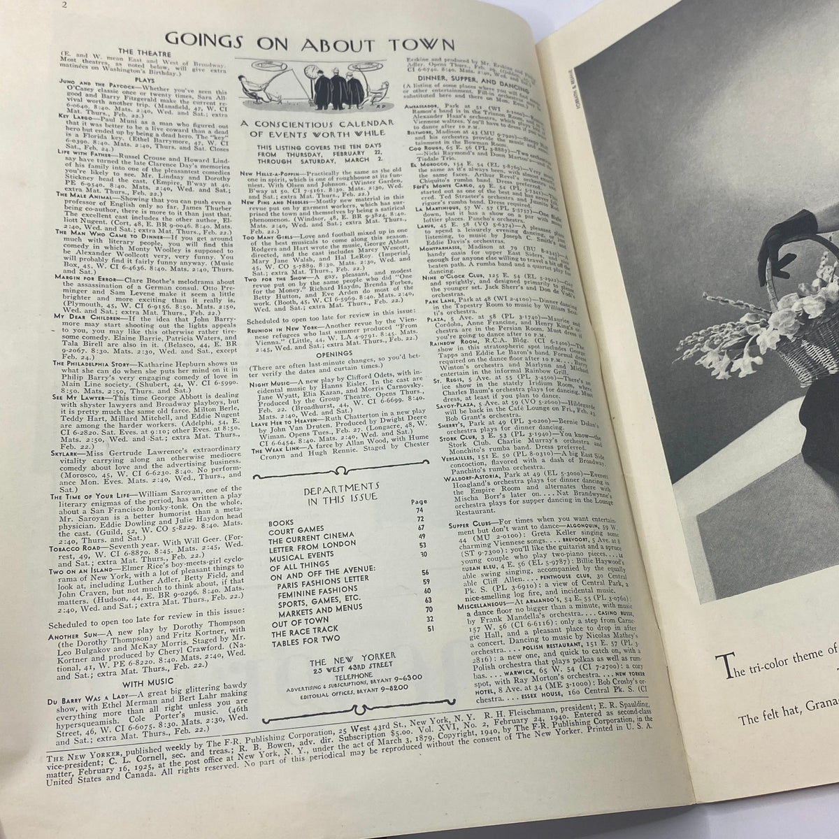 Inside pages from The New Yorker Magazine February 24, 1940 featuring the events calendar and departments, showcasing the magazine's vintage layout.