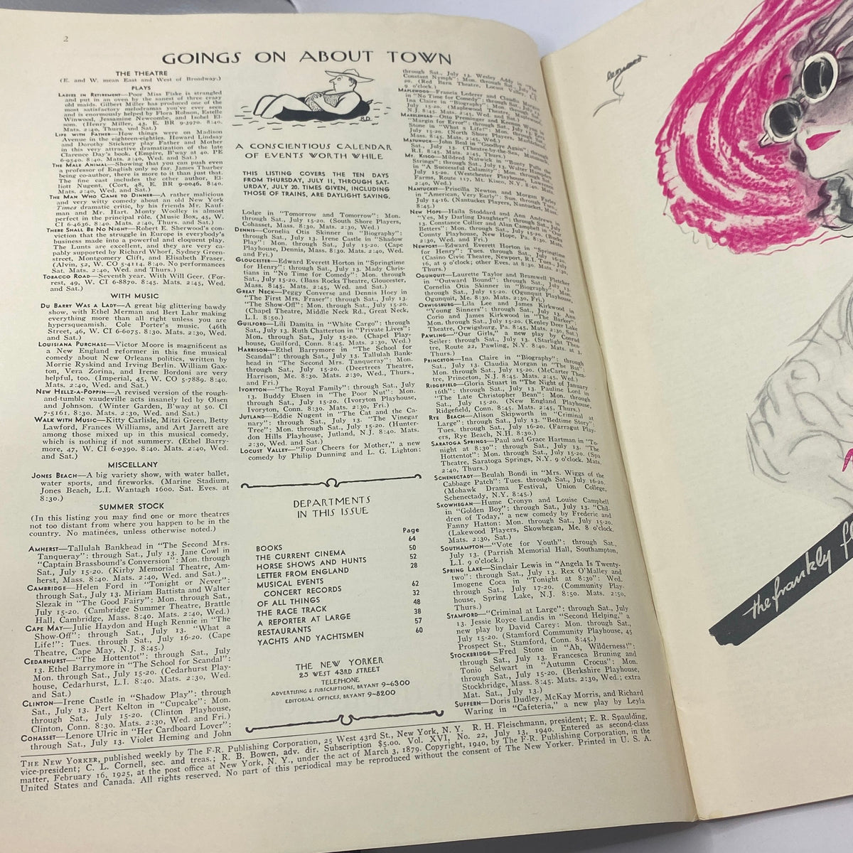 Interior page of The New Yorker magazine, July 13, 1940, featuring the 'Goings On About Town' section, with text highlighting events in New York City.