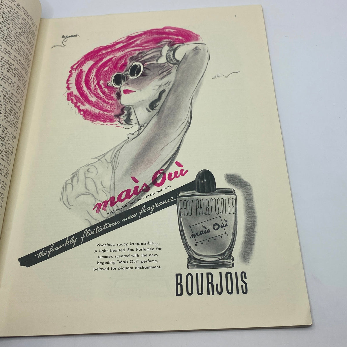 Advertisement for Bourjois fragrance 'Mais Oui' in The New Yorker magazine, July 13, 1940, showcasing an illustrated woman in a hat and sunglasses.