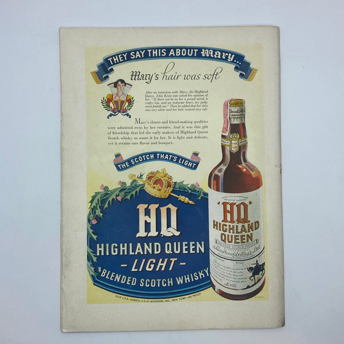 Vintage advertisement for Highland Queen blended scotch whisky in The New Yorker magazine, July 13, 1940, featuring a colorful design with a bottle and decorative text.