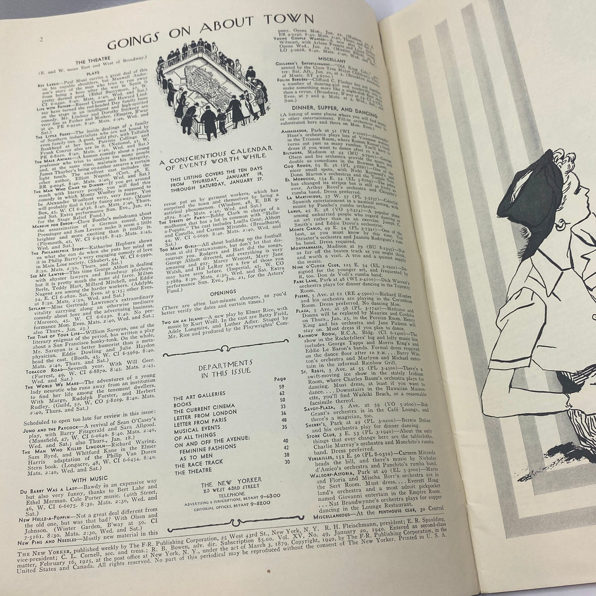 Inside page of The New Yorker magazine January 20, 1940 featuring the 'Goings On About Town' section, showcasing events and cultural happenings in New York City.