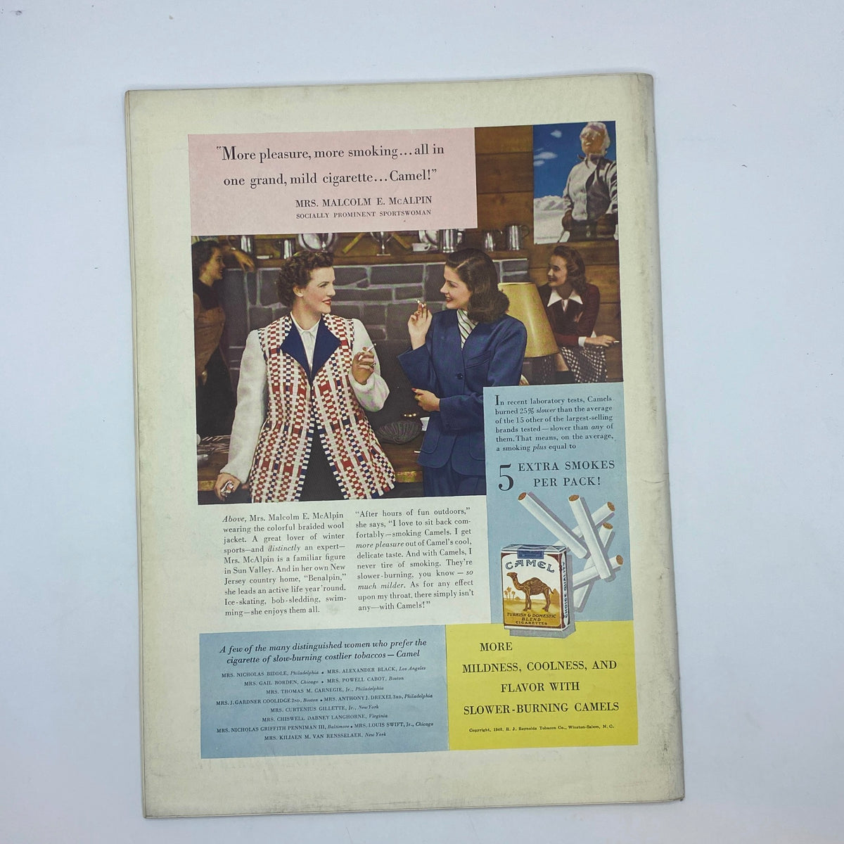 Back cover of The New Yorker magazine January 20, 1940 featuring a colorful advertisement for Camel cigarettes with women socially engaging, promoting mildness and quality.