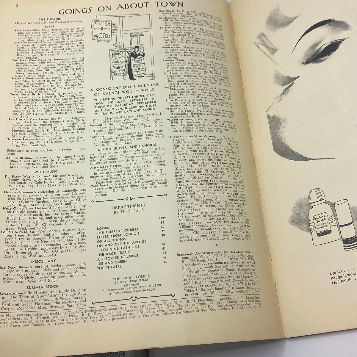 Inside pages of The New Yorker Complete Magazine September 21, 1940 featuring article 'Goings On About Town' and artistic illustrations, showcasing Peter Arno's cover and vintage advertising.