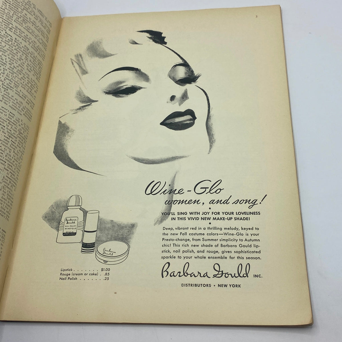 Vintage advertisement featuring a woman with glamorous makeup promoting Wine-Glo cosmetics from Barbara Gould, in The New Yorker magazine, September 21, 1940.