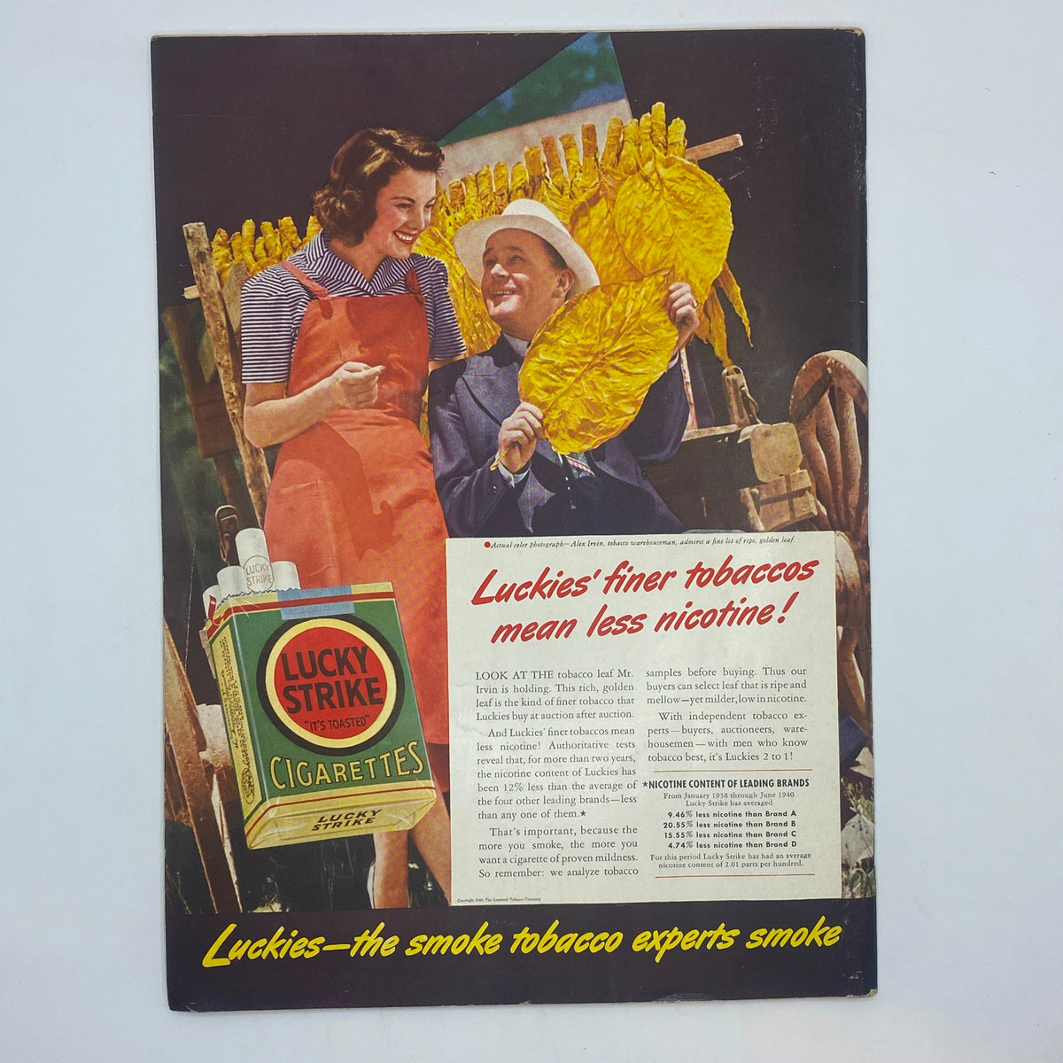 Classic advertisement showcasing a man and woman with tobacco leaves promoting Lucky Strike cigarettes in The New Yorker magazine, September 21, 1940.