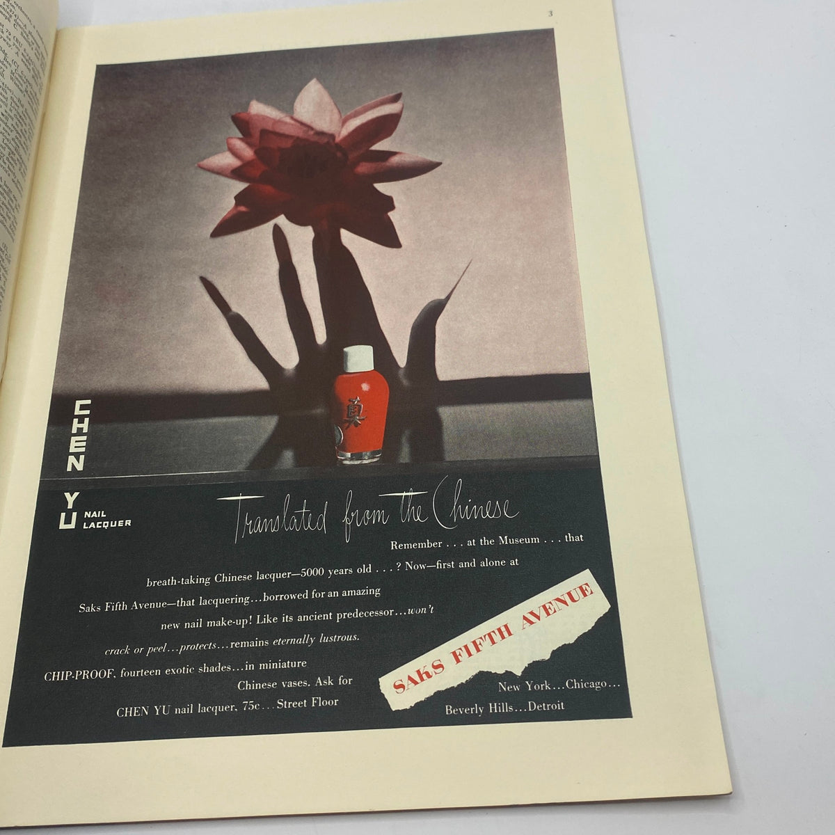 Advertisement for Chen Yu Nail Lacquer in The New Yorker Complete Magazine September 28, 1940, featuring a dramatic design with a flower and lacquer bottle.