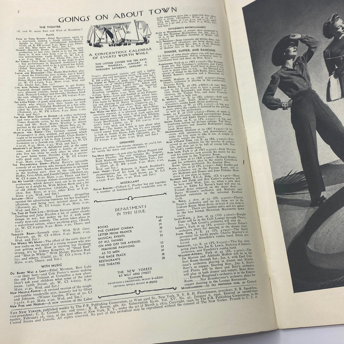 Inside page from The New Yorker Complete Magazine January 6, 1940, showcasing articles and events from the era, reflecting early 20th-century culture.