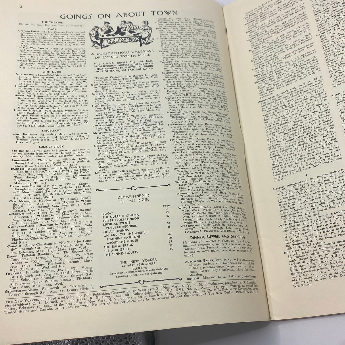 Inside page of The New Yorker magazine from August 17, 1940, featuring the 'Goings On About Town' section with a detailed calendar of events and departments listed.