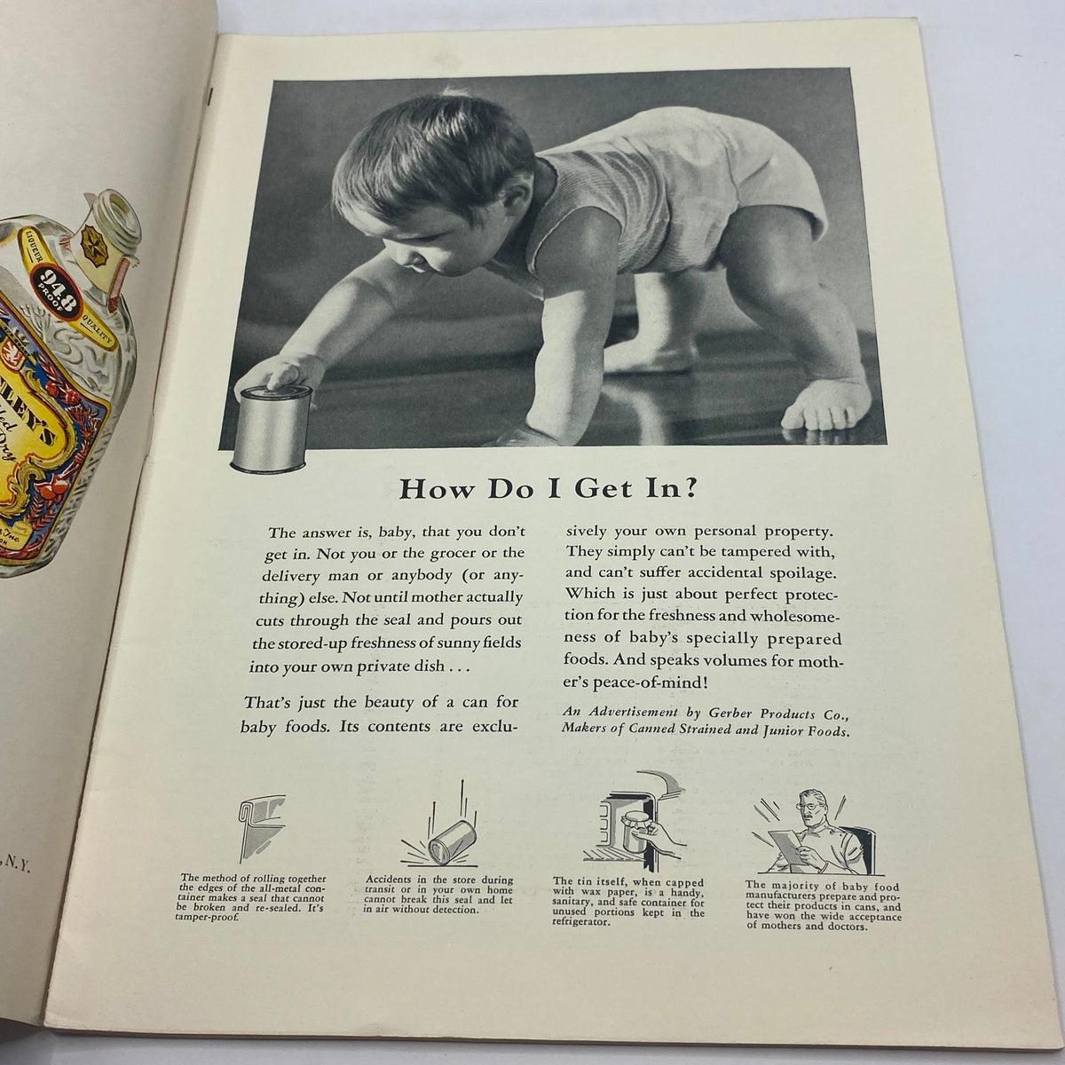 Advertisment page from The New Yorker magazine August 17, 1940, featuring a vintage baby food advertisement with a child reaching for a can, showcasing Gerber Products.