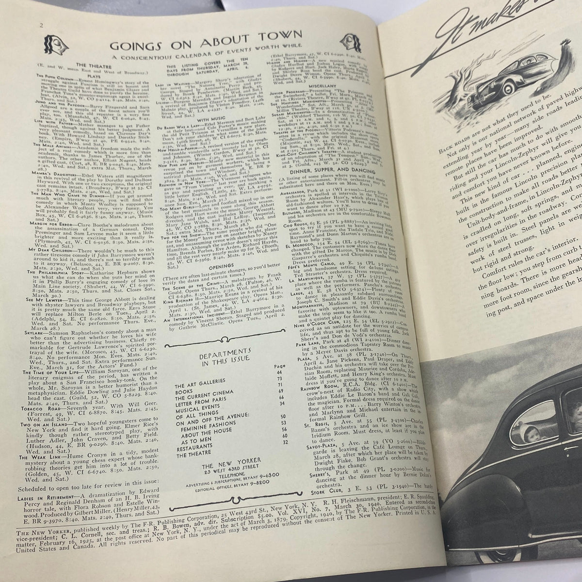 Inside page of The New Yorker Complete Magazine March 30, 1940 featuring the 'Goings on About Town' column and event listings.